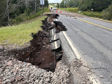 Damage to a road in River Bourgeois, N.S., following severe flooding in Cape Breton. (CTV/Ryan MacDonald)