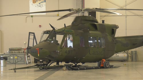 Six CH-146 Griffons from the 408 Tactical Helicopter Squadron of the Royal Canadian Air Force fly from Edmonton to Fort Wainwright, Alaska, on Jan. 26, 2026. (Evan Klippenstein/CTV News Edmonton)