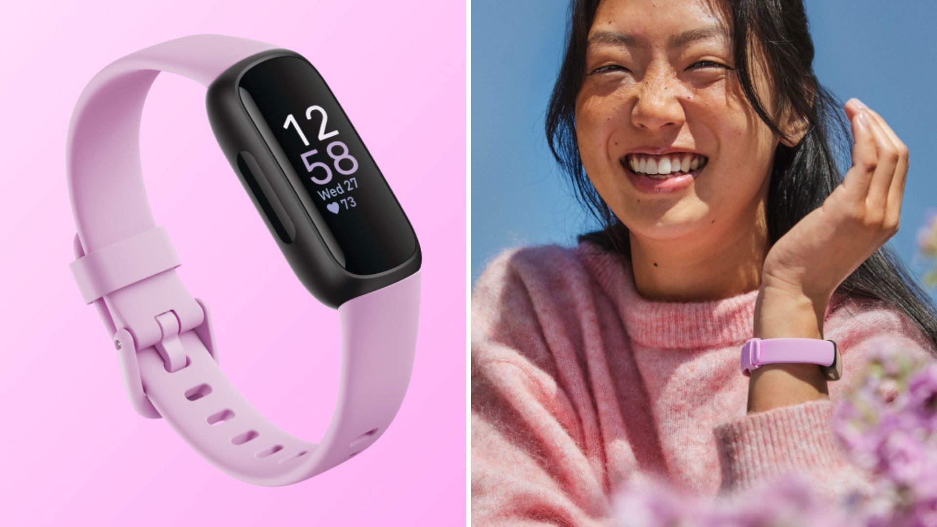A purple Fitbit Inspire 3 and a person wearing it with a matching sweater.