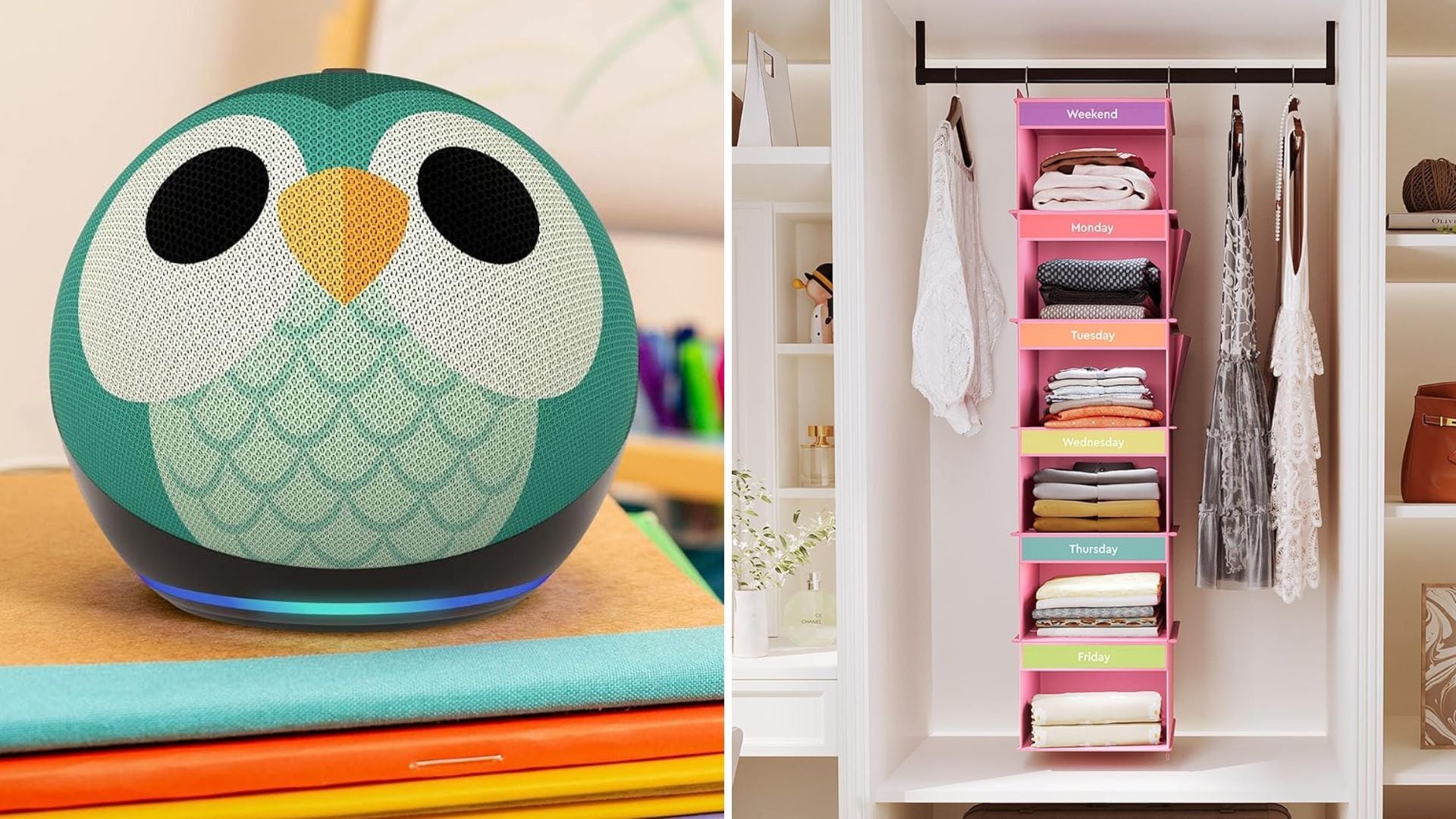 a split image of a kid's Amazon Echo Dot and a clothes organizer in a closet