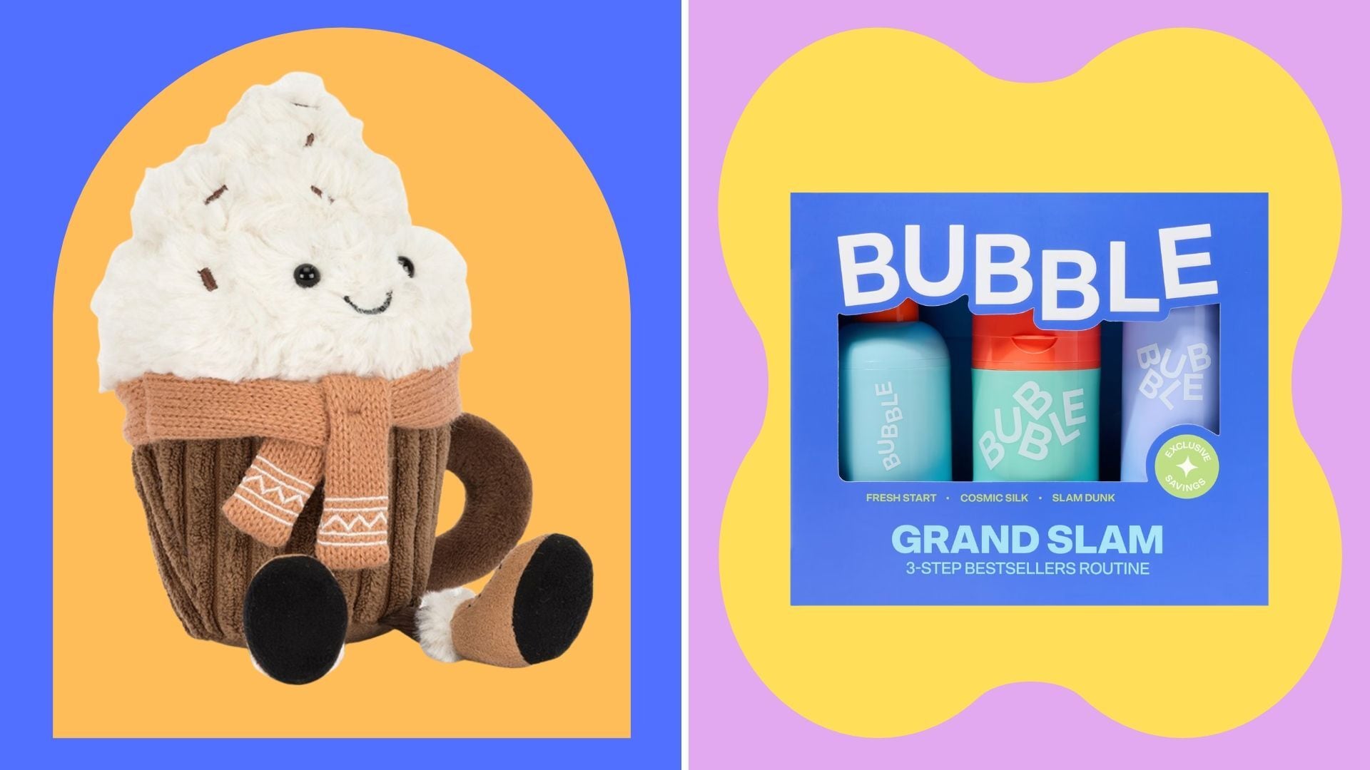 a stuffed animal and a skincare set with a bright and colourful background