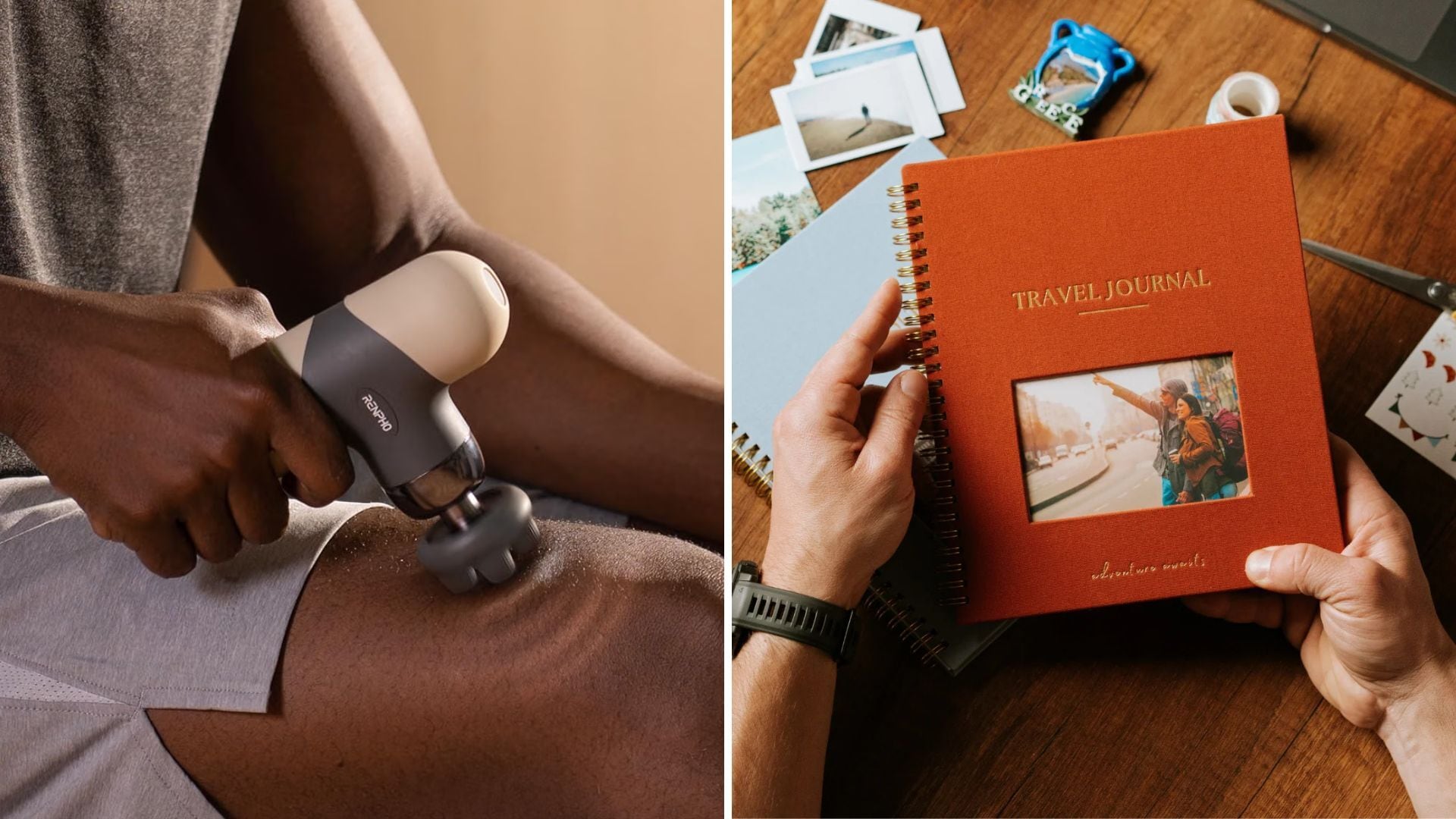 a person using a massage gun on their leg and a person holding a journal over a table