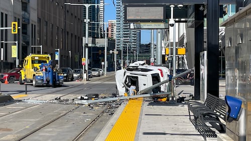 A driver was hospitalized after rolling their vehicle at 100 Street and 102 Avenue, disrupting LRT service for several hours, in Edmonton on June 24, 2026. (Evan Klippenstein / CTV News Edmonton)