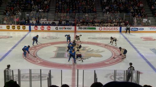 Montreal Victory and the Toronto Sceptres faceoff on Dec. 17, 2025 in Halifax at a PWHL Takeover Tour game. (CTV Atlantic / Jim Kvammen)