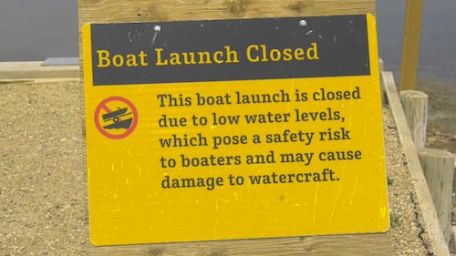 A sign informs Gull Lake visitors of a boat launch closure due to low water levels, pictured on May 25, 2026. (Darcy Seaton / CTV News Edmonton)