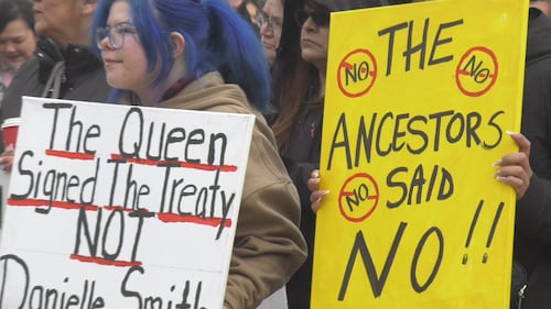 First Nations groups held a rally at Edmonton's Churchill Square on April 8, 2026 to speak out against a potential separation referendum. (Brandon Lynch/CTV News Edmonton)