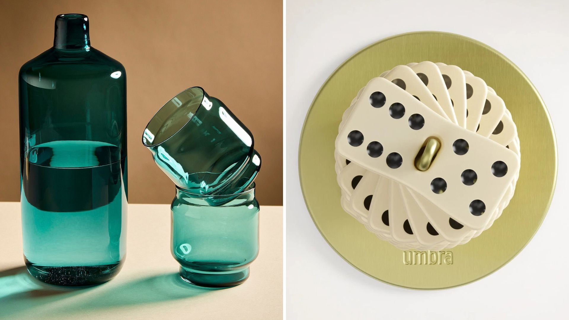 A jug and glass set and Umbra dominos.