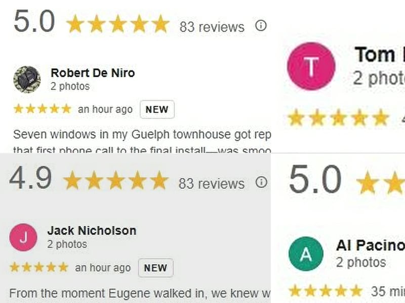 Did Bruce Springsteen, Tom Hanks, and Lauren Bacall really provide online reviews for a Toronto window company?