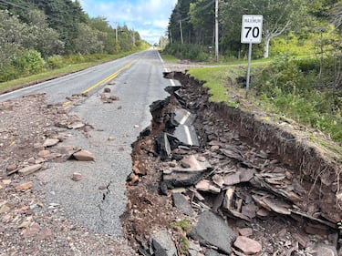 Damage to a road in River Bourgeois, N.S., following severe flooding in Cape Breton. (CTV/Ryan MacDonald)