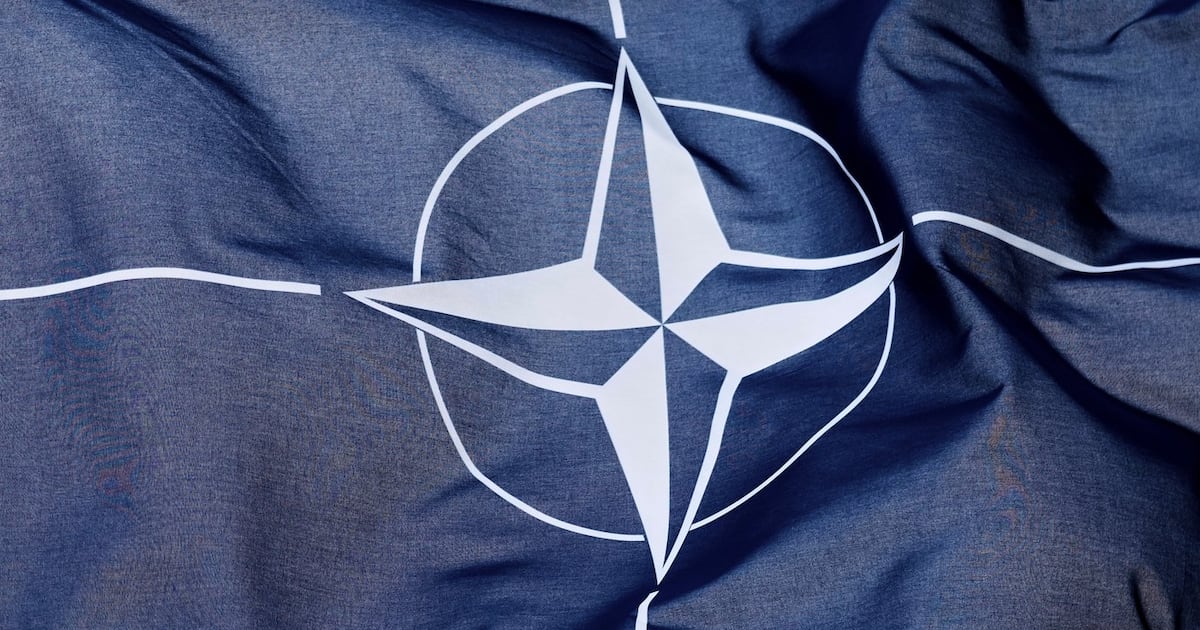 The NATO flag waves in the wind in front of the venue ahead of the upcoming NATO summit in The Hague, Netherlands, Monday, June 23, 2025. (AP Photo/Markus Schreiber)