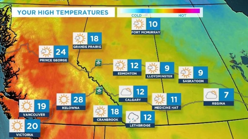 Tuesday’s high of 12 C, will be the coldest day for at least a week and a half