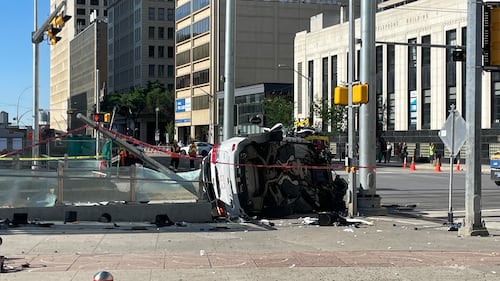 A driver was hospitalized after rolling their vehicle at 100 Street and 102 Avenue, disrupting LRT service for several hours, in Edmonton on June 24, 2026. (Evan Klippenstein / CTV News Edmonton)