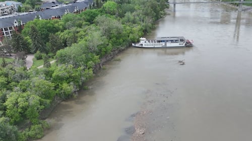 Edmonton Riverboat beached on sandbar in North Saskatchewan River