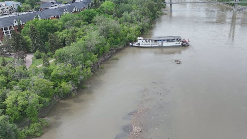 Edmonton Riverboat beached on sandbar in North Saskatchewan River