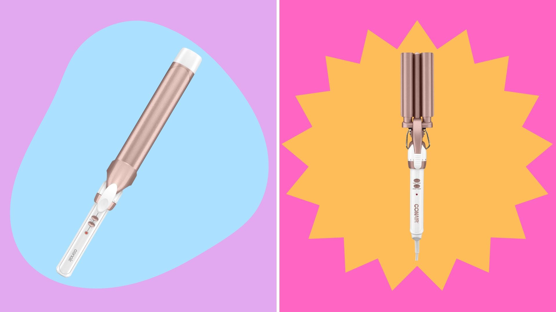 A Conair curling iron and a Conair waving tool on a colourful background.