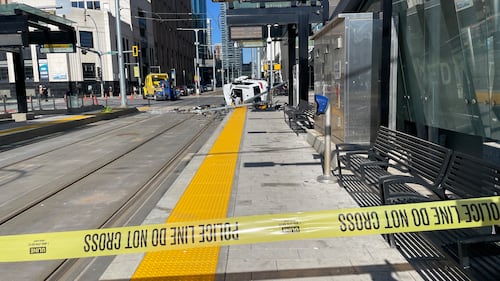 A driver was hospitalized after rolling their vehicle at 100 Street and 102 Avenue, disrupting LRT service for several hours, in Edmonton on June 24, 2026. (Evan Klippenstein / CTV News Edmonton)
