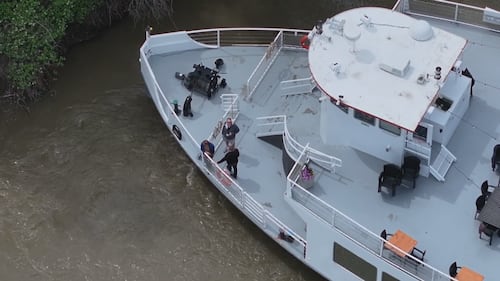 The Edmonton Riverboat became stranded on a sandbar in the North Saskatchewan River on June 9, 2026. (Brandon Lynch/CTV News Edmonton)