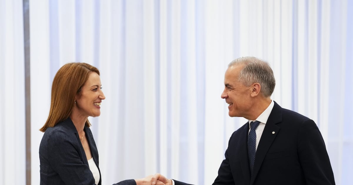 Prime Minister Mark Carney meets with the President of the European Parliament Roberta Metsola in Yerevan, Armenia, on Sunday, May 3, 2026. THE CANADIAN PRESS/Sean Kilpatrick