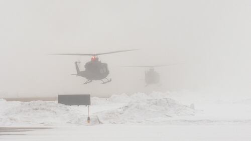 Six CH-146 Griffons from the 408 Tactical Helicopter Squadron of the Royal Canadian Air Force fly from Edmonton to Fort Wainwright, Alaska, on Jan. 26, 2026. (Evan Klippenstein/CTV News Edmonton)