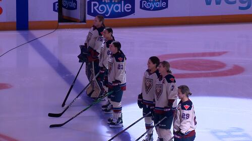 Montreal Victory players lineup at the blue line ahead of a PWHL Takeover Tour game in Halifax between Montreal Victory and the Toronto Sceptres on Dec. 17, 2025. (CTV Atlantic / Jim Kvammen)
