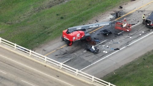 An aerial view of debris at a crash scene in the westbound lanes of Highway 16 at Highway 60 the morning of May 28, 2026. (Sean McClune / CTV News Edmonton)