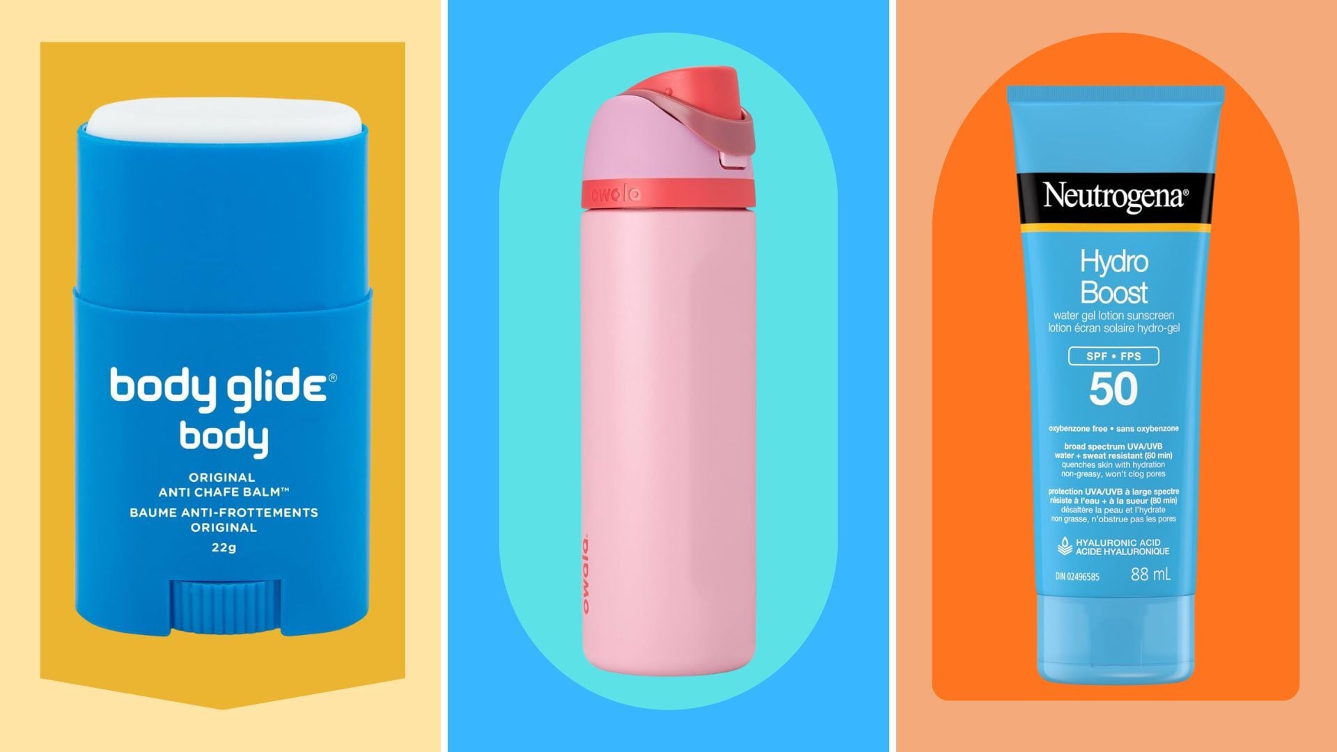 an anti-friction body stick, a water bottle, and sunscreen with a bright and colourful background