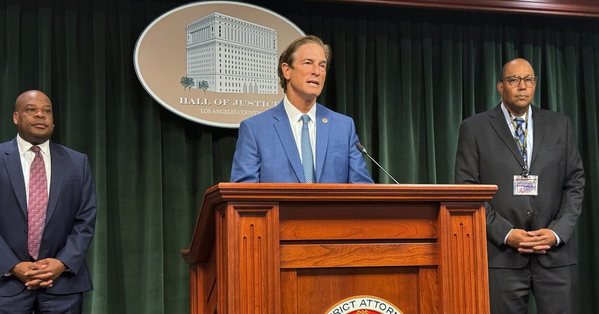 Los Angeles District Attorney Nathan Hochman delivers remarks at a press conference on Wednesday, Aug. 19, 2026, at the Hall of Justice in Los Angeles. (AP Photo/Safiyah Riddle)