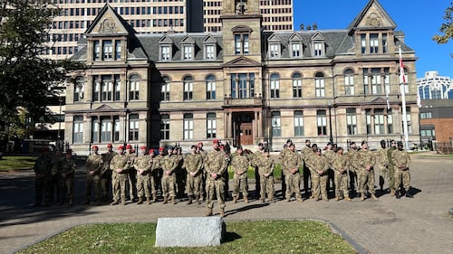 Military personnel stand at a memorial service.