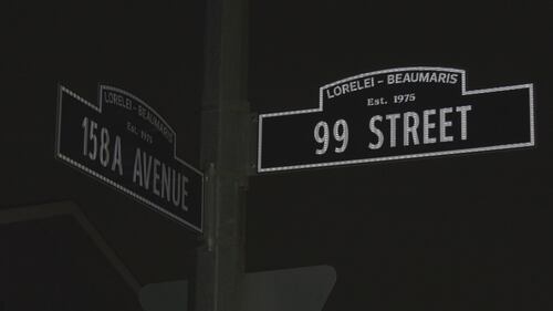 Signs showing 158A Avenue & 99 Street in Edmonton on Dec. 2, 2025. (Dave Mitchell/CTV News Edmonton)