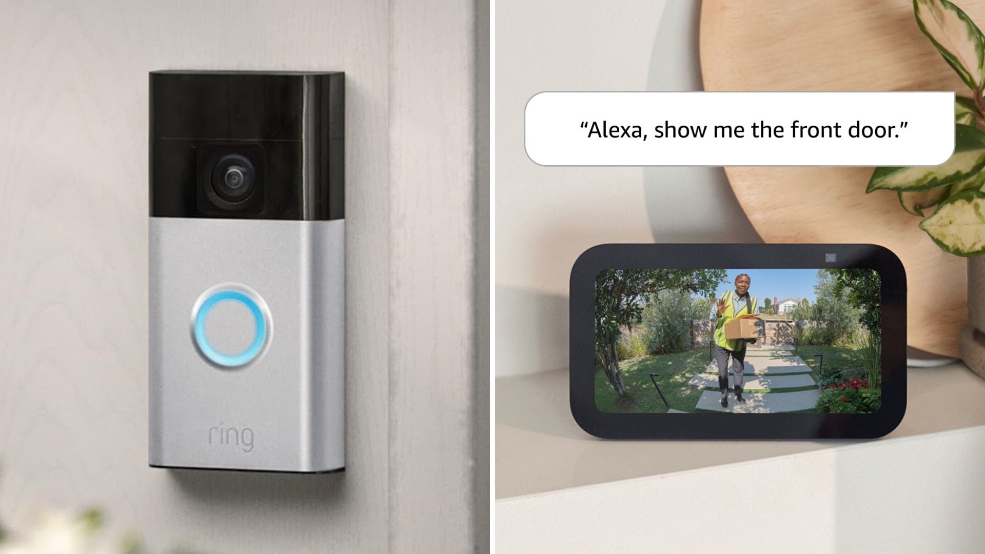 A silver ring doorbell, and its video capture displayed on a tablet screen.