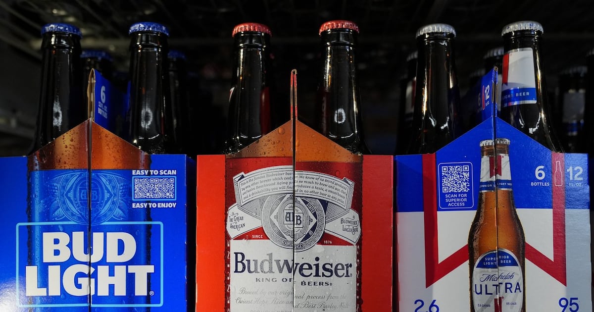 Six-packs of Bud Light, Budweiser and Michelob Ultra are displayed at a liquor store, Wednesday, Feb. 28, 2024, in Fairfield, Calif. (AP Photo/Godofredo A. Vásquez)
