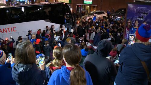 Fans greet players outside the Scotiabank Centre a PWHL Takeover Tour game in Halifax between Montreal Victory and the Toronto Sceptres on Dec. 17, 2025. (CTV Atlantic / Jim Kvammen)
