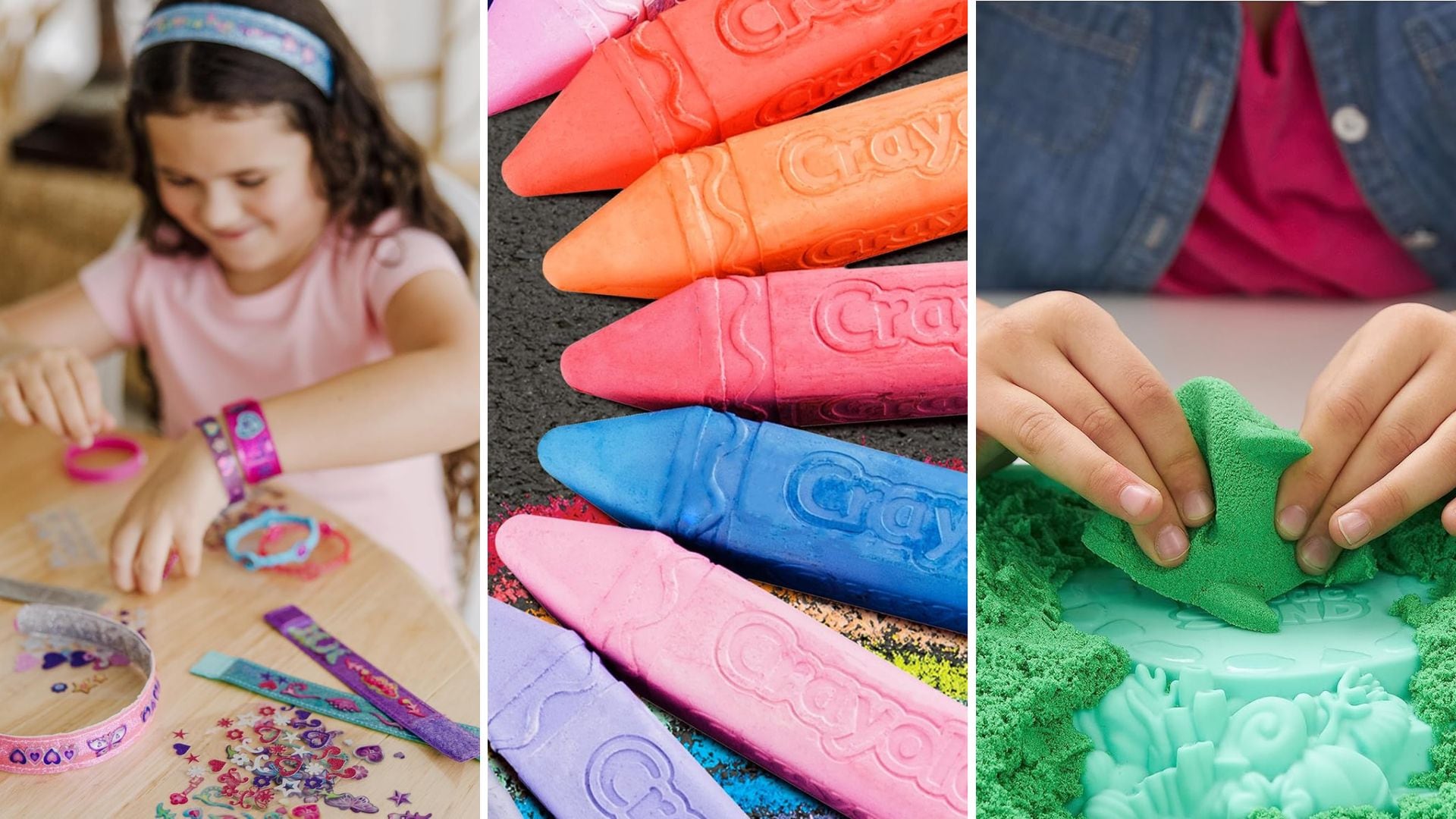 A kid making bracelets with a Melissa & Doug kit, Crayola chalk, and a kid playing with Kinetic Sand.