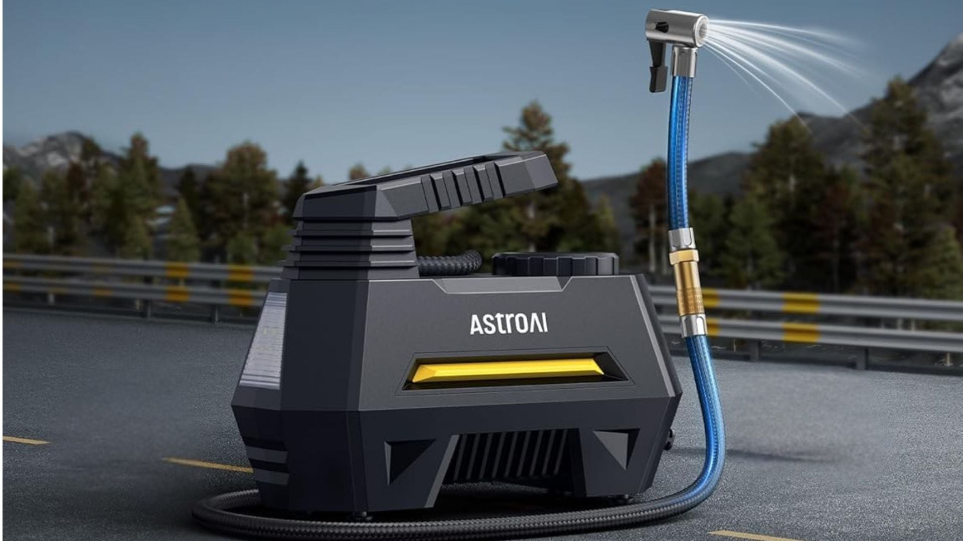 The AstroAI Air Compressor on a road.