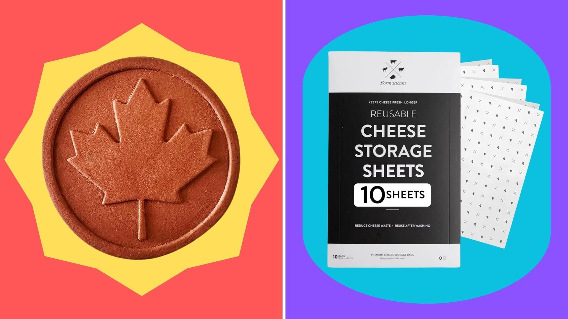 a split image of a terracotta disc and cheese storage sheets with bright and colourful background