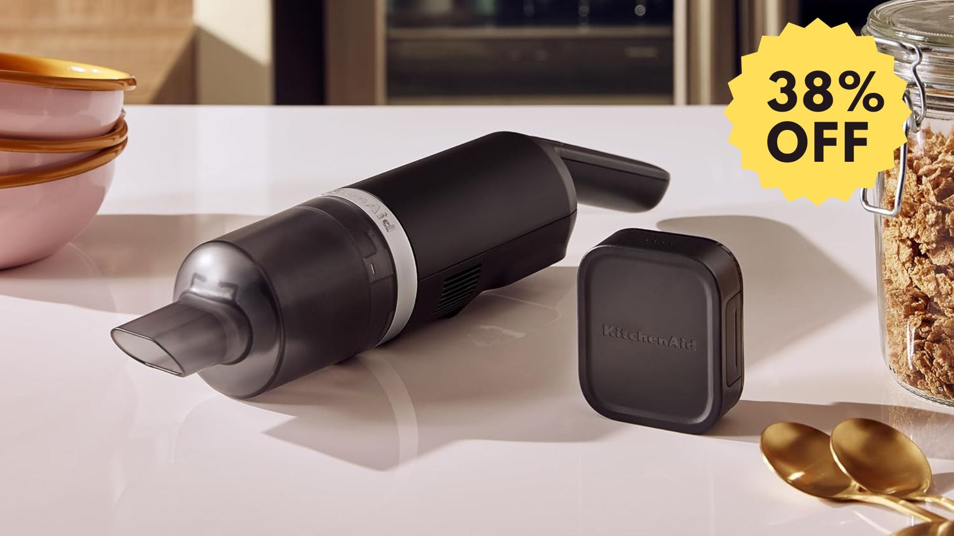 A picture of the mini KitchenAid vacuum on a kitchen counter.