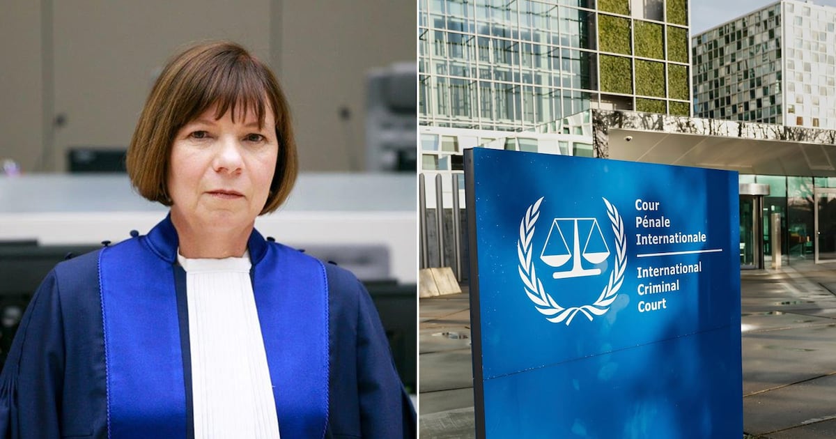 This composite image shows Kimberly Prost, left, a judge on the International Criminal Court, in an undated handout photo, and a view of the International Criminal Court, right, in The Hague, Netherlands, on Wednesday, March 12, 2025. (The Canadian Press / Handout — International Criminal Court, left, AP-Omar Havana)