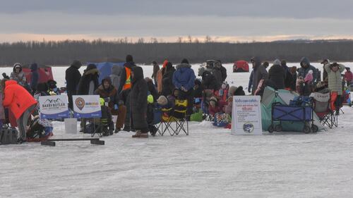 Dozens fish at Wabamun Lake at the Kids Can Catch event at Wabamun Lake, Alta., on Feb. 14, 2026. (Galen McDougall / CTV News Edmonton)
