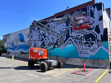 A forklift is pictured in front of a mural in Halifax. (Paul DeWitt/CTV Atlantic)