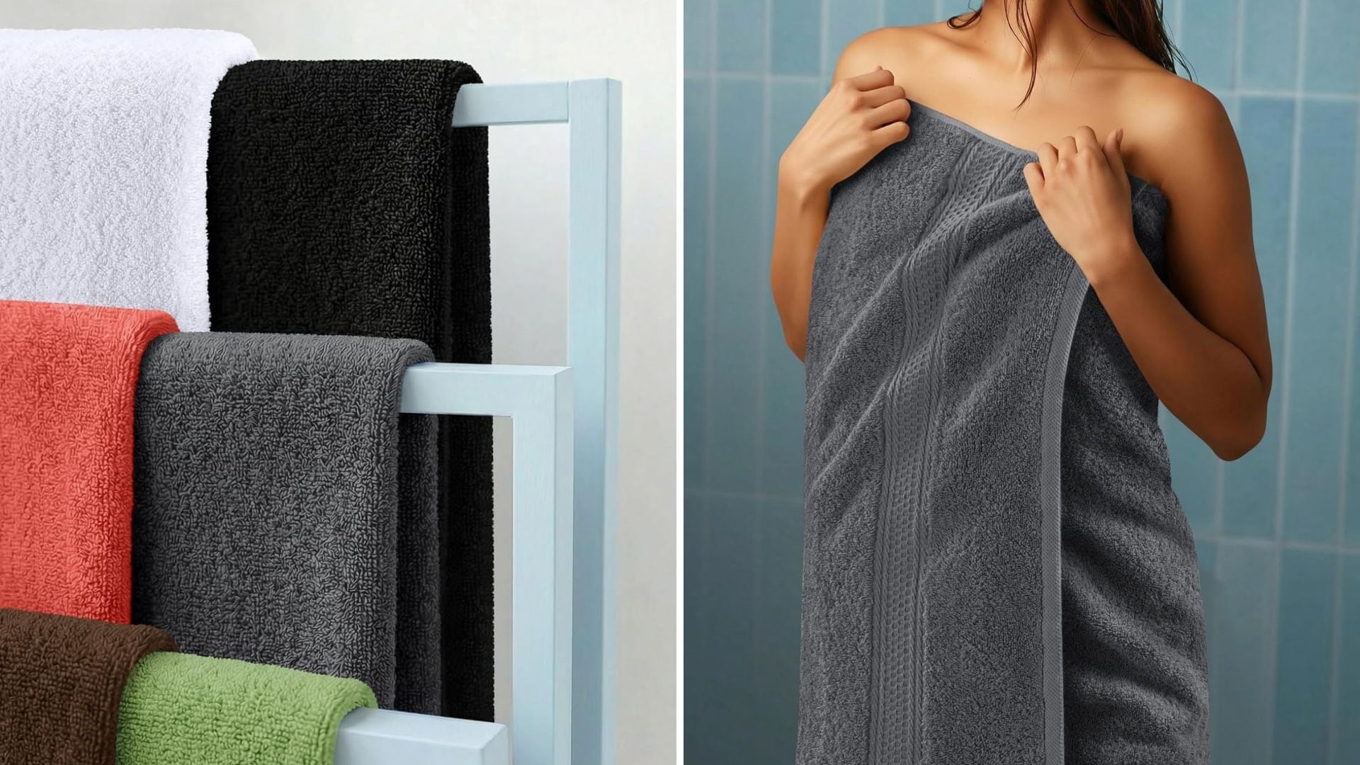 Utopia Towels on a towel rack and a person wrapped in a towel.