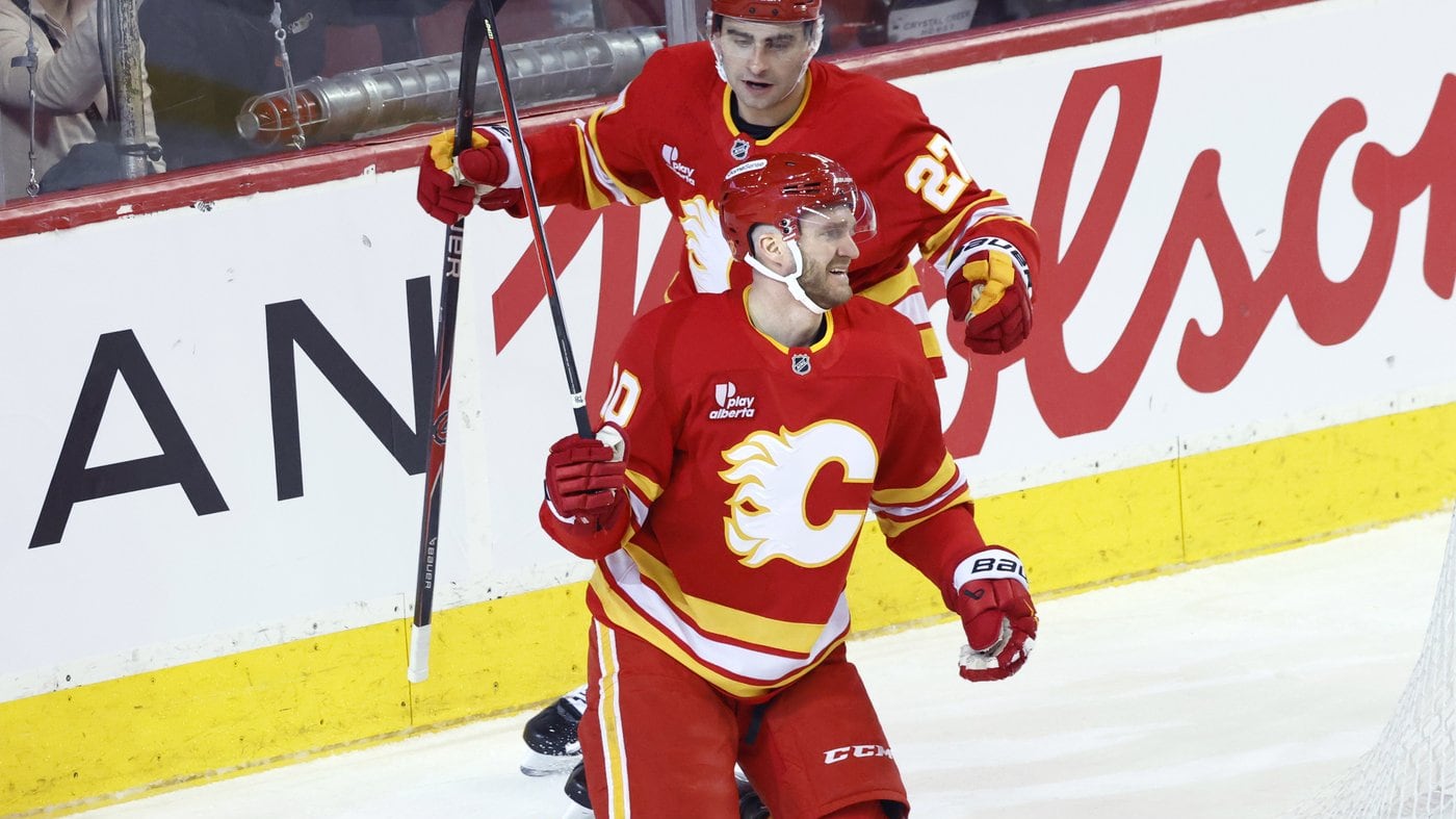 Calgary Flames' Jonathan Huberdeau celebrates his goal during first-period NHL hockey action against the Anaheim Ducks, in Calgary, Alta., Sunday, Jan. 25, 2026. (THE CANADIAN PRESS/Larry MacDougal)