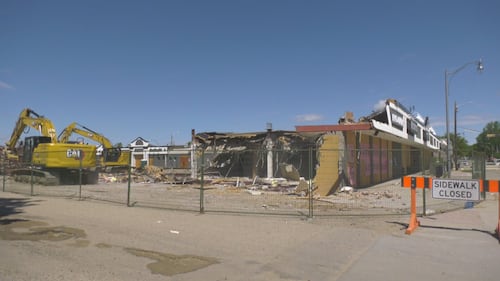 Heavy equipment is used to demolish Revolution Square, at Stony Plain Road and 151 Street in Edmonton, on June 8, 2026. (Evan Klippenstein / CTV News Edmonton)