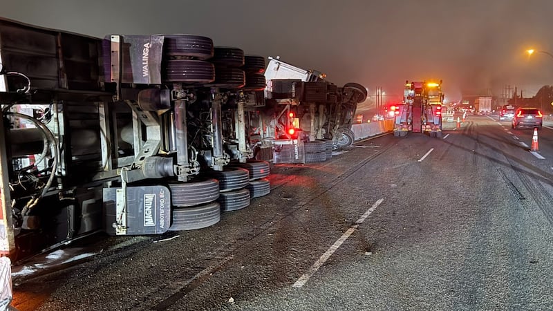 Road closures in Abbotsford after semi-truck flips on Highway 1