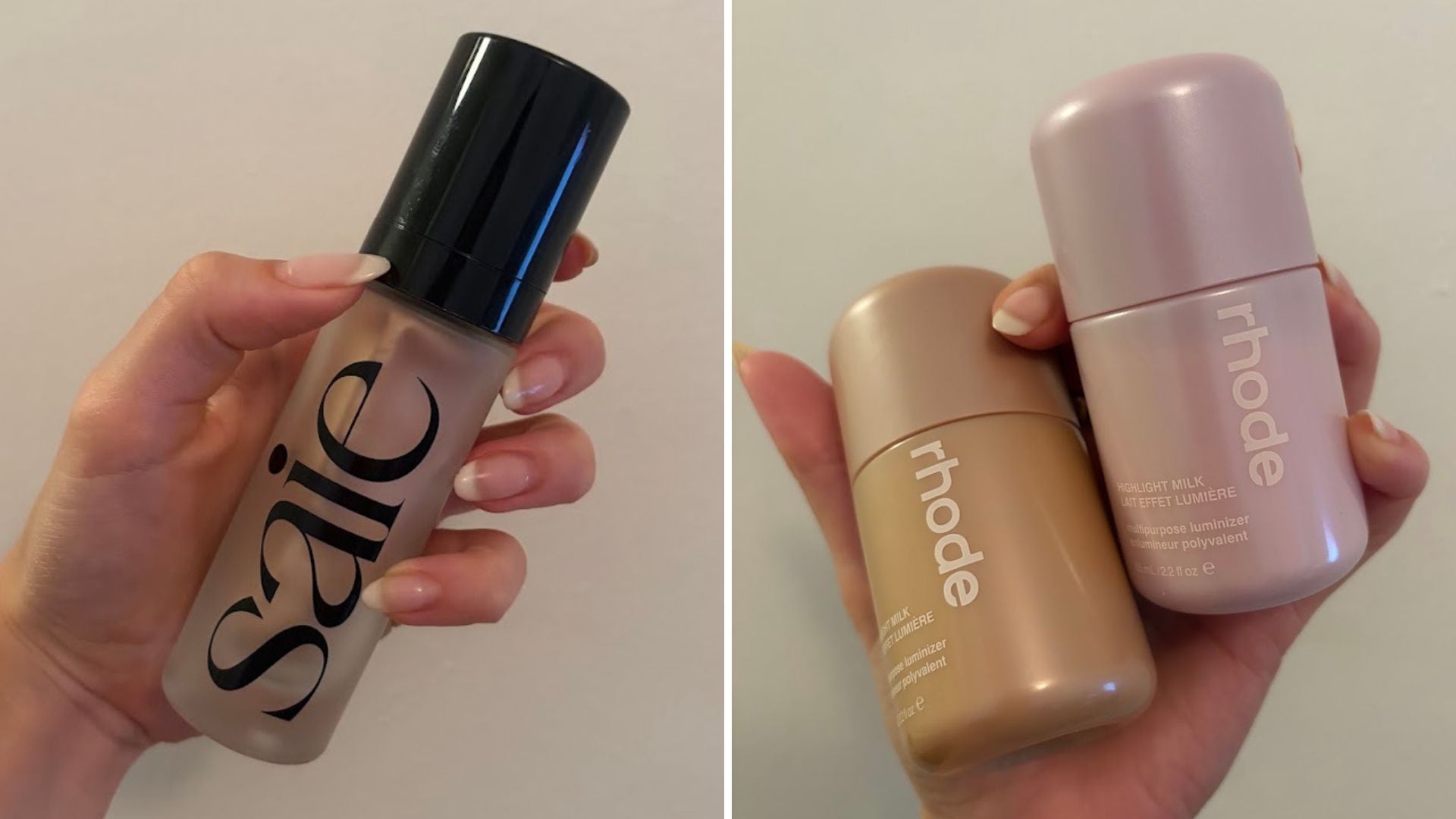Alice is holding the Saie Glowy Super Gel and Rhode Highlight Milk.