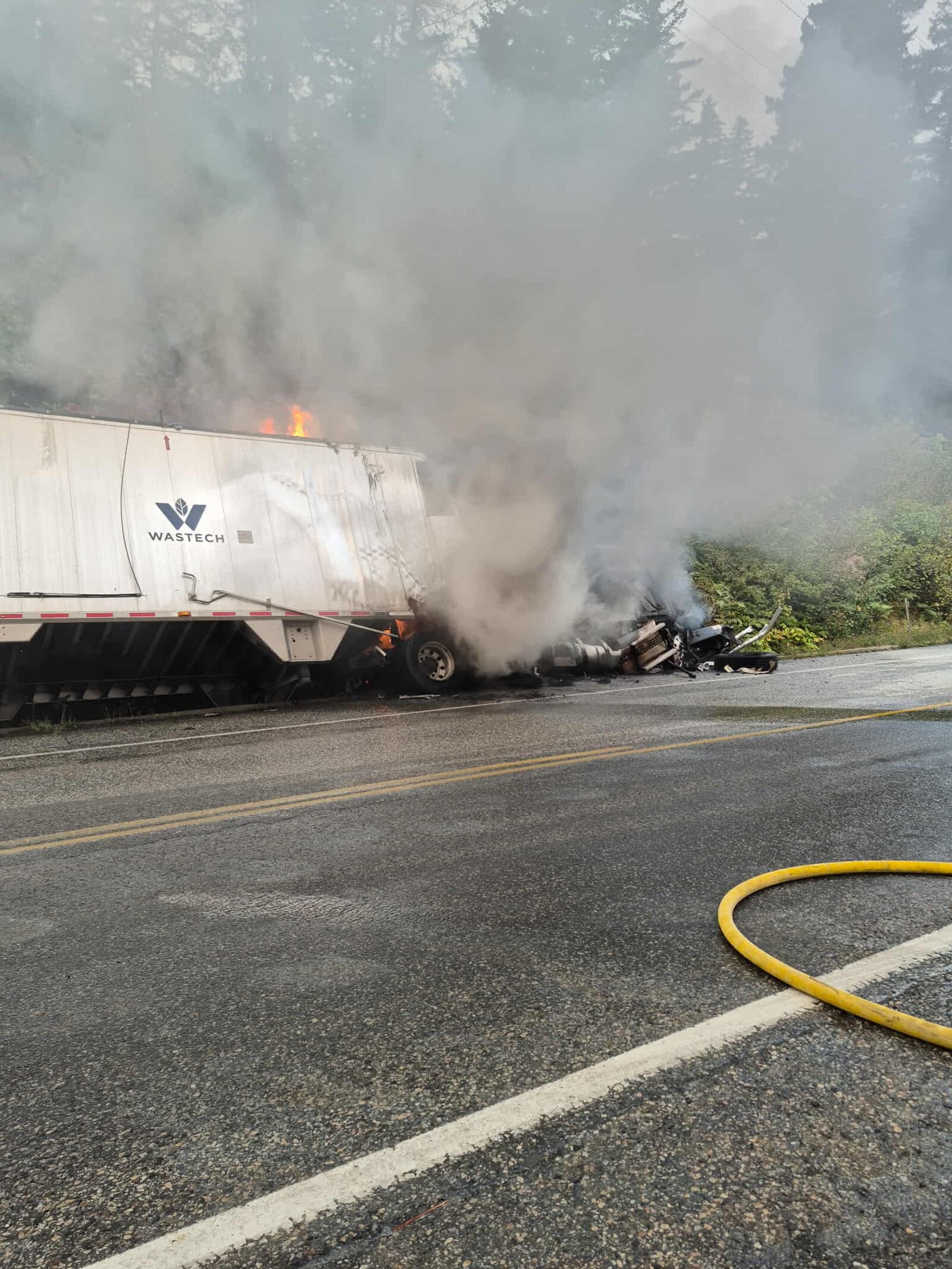 Highway 1 reopens after fiery crash south of Yale, B.C.