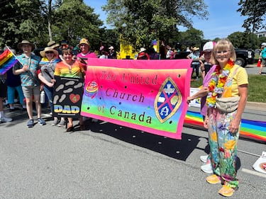 People with the United Church of Canada bring a banner through the 2026 Halifax Pride Parade. (CTV/Jesse Thomas)