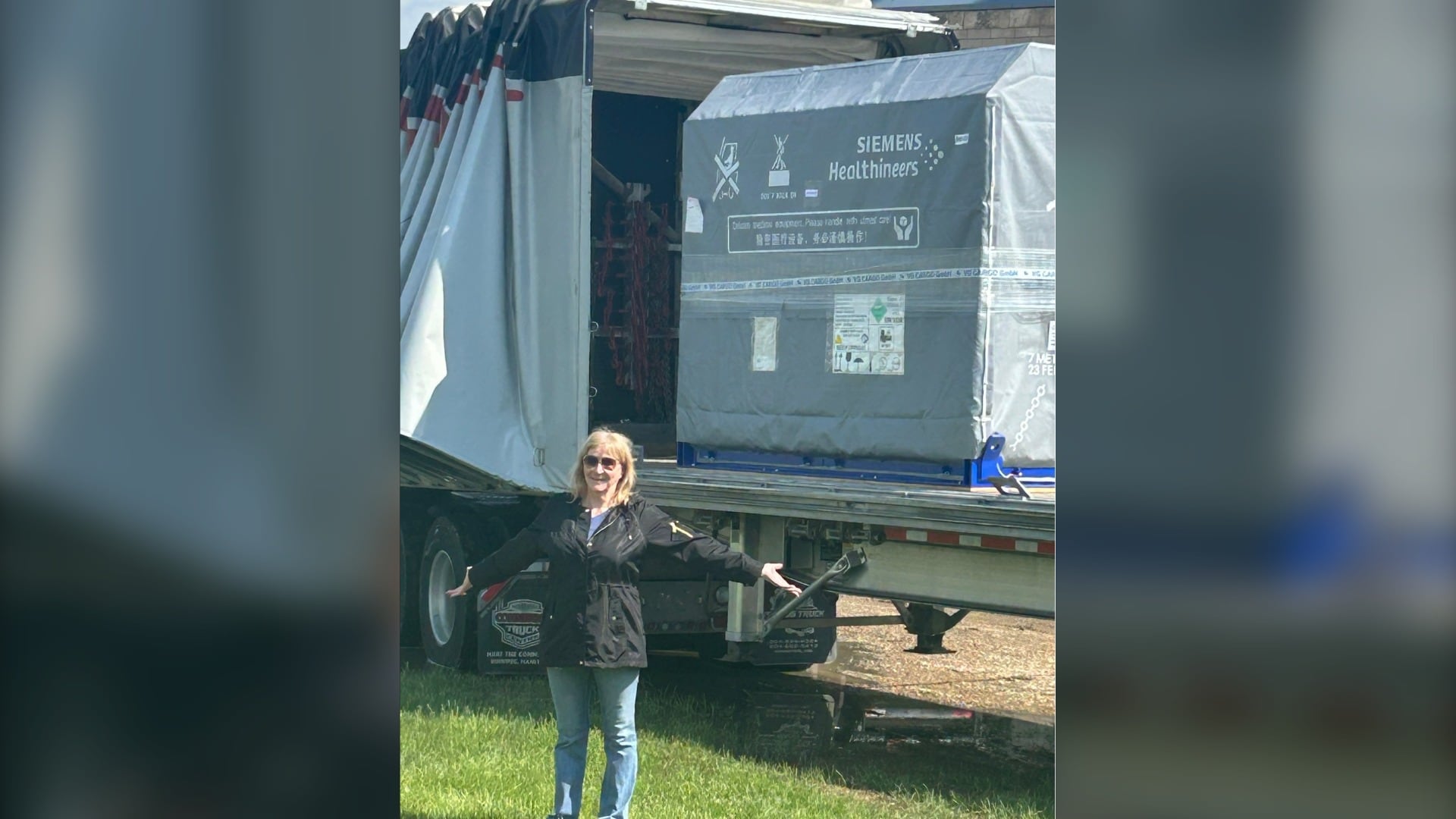Elaine Walkom poses with the recently arrived MRI in Estevan. June 2, 2026. (Source: St. Joseph's Hospital Foundation/Facebook)