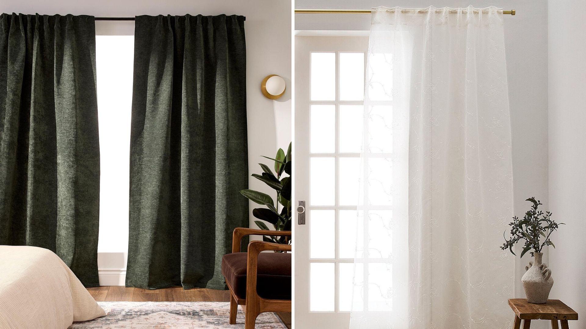 A velvet curtain and a gauzy curtain, both from Simons.