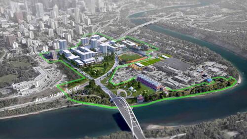 Rendering from the City of Edmonton of the renovated Rossdale Powerplant and Touch the Water park. (Source: City of Edmonton)