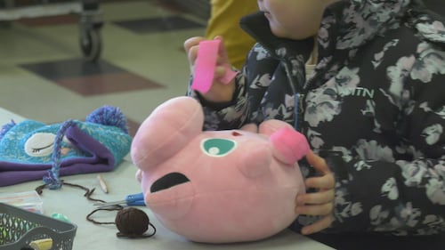 Children and their stuffed animals attend a teddy bear clinic at the Spruce Grove Public Library on March 27, 2026. (Sean McClune/CTV News Edmonton)